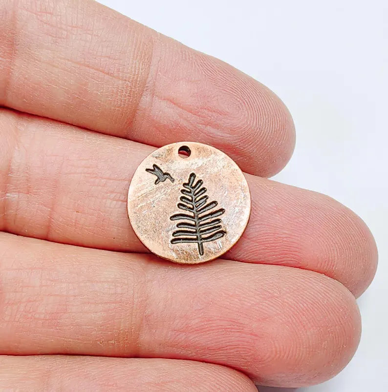 4 Tree and Bird Charms, Round Boho Charm, Earring Charm, Dangle Pendant, Necklace Parts, Antique Copper Plated Metal 17mm G36878