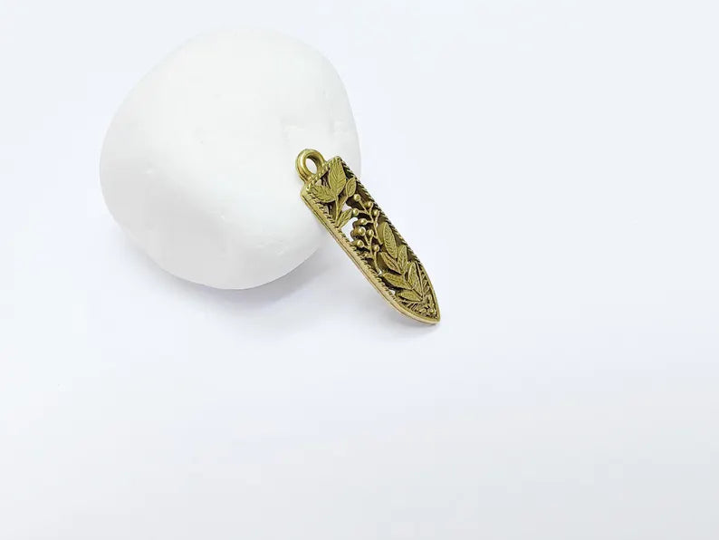 2 Leafy Flower Fruit Charms, Earring Charms, Necklace Parts, Floral Charm for Nature Inspired Jewelry, Antique Bronze Plated 37x10mm G36797