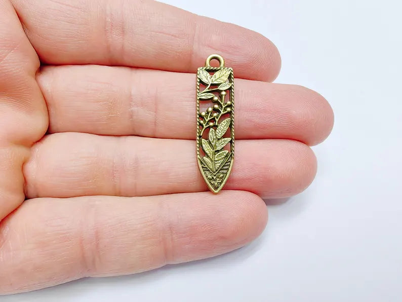 2 Leafy Flower Fruit Charms, Earring Charms, Necklace Parts, Floral Charm for Nature Inspired Jewelry, Antique Bronze Plated 37x10mm G36797