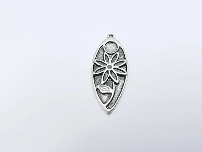 Silver Flower Charms, Boho Charms, Earring Charms, Dangle Pendant, Necklace Parts, Antique Silver Plated 46x19mm G36798