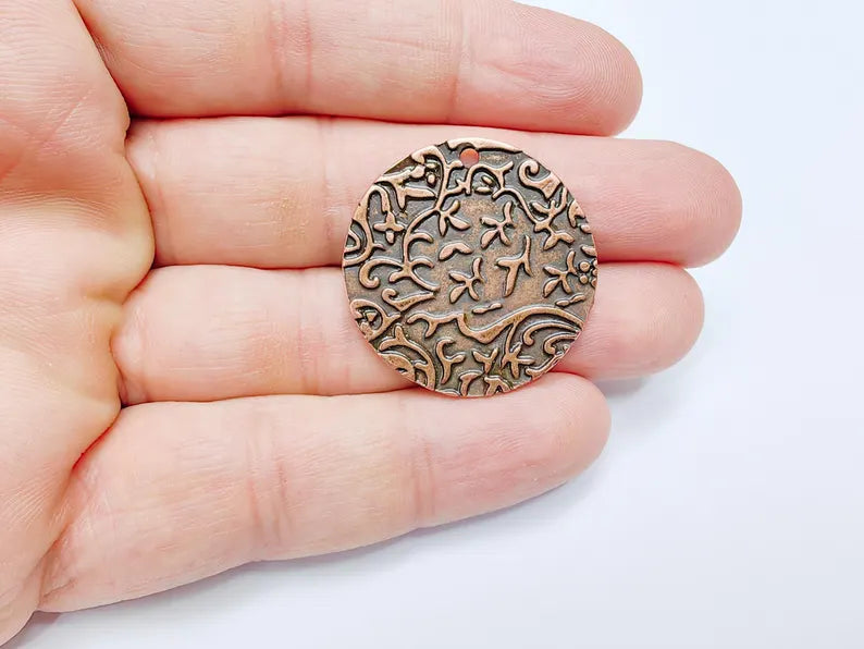 Leaf Embossed Round Disc Pendant, Filigree Design Charms, Boho Rustic Earring Charm, Antique Copper Plated 32mm G36801