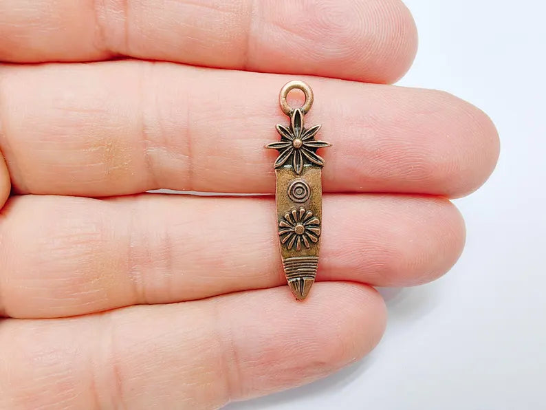 4 Sunburst and Flower Charms, Earring Charms, Boho Dangle Pendant, Necklace Parts, Antique Copper Plated 33x10mm G36802