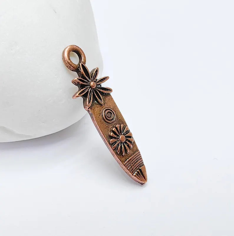 4 Sunburst and Flower Charms, Earring Charms, Boho Dangle Pendant, Necklace Parts, Antique Copper Plated 33x10mm G36802