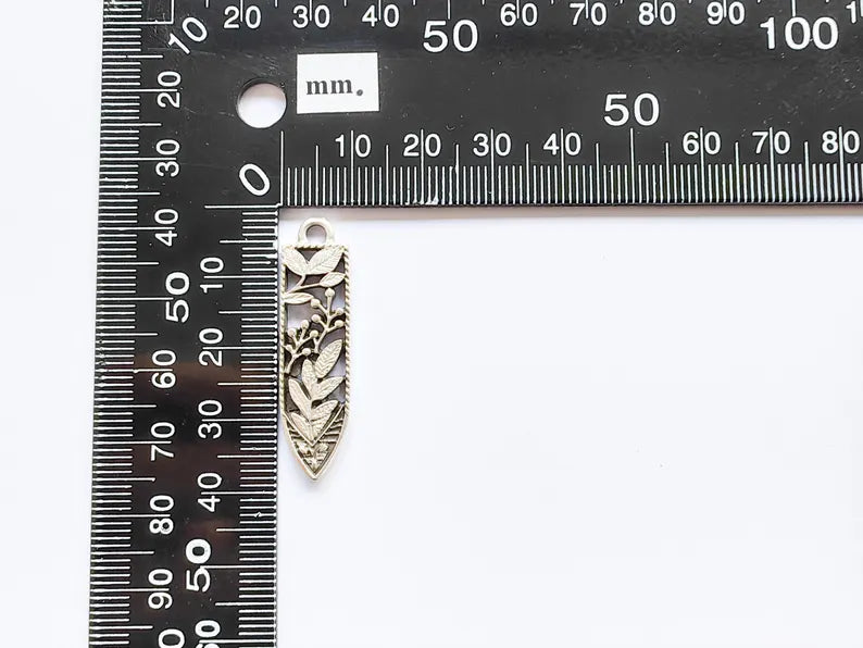 2 Leafy Flower Fruit Charms, Earring Charms, Necklace Parts, Floral Charm for Nature Inspired Jewelry, Antique Silver Plated 37x10mm G36804