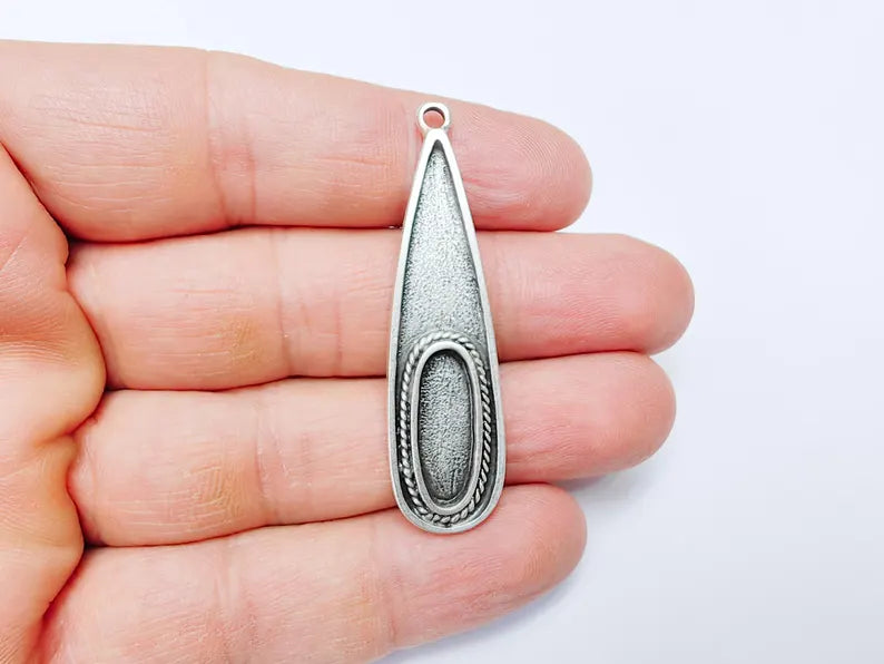 Silver Pendant Blank, Cabochon Bezel, Locket Base, inlay Mounting,Resin Necklace,Antique Silver Plated Zamac 53x14mm (18x7mm bezel) G36805