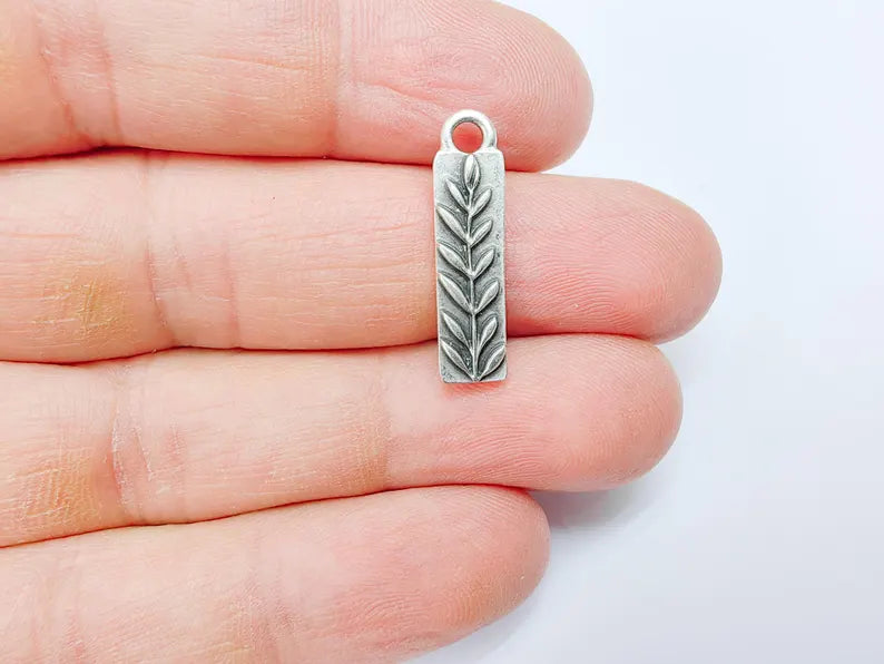 5 Plant Charms, Leaf Bar Pendant, Earring Charms, Nature Dangle Pendant, Necklace Parts, Antique Silver Plated 25x6mm G36807