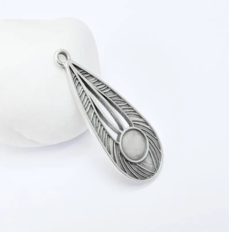 Silver Pendant Blank, Cabochon Bezel, Locket Base, inlay Mounting,Resin Necklace,Antique Silver Plated Zamac 49x19mm (10mm bezel) G36808