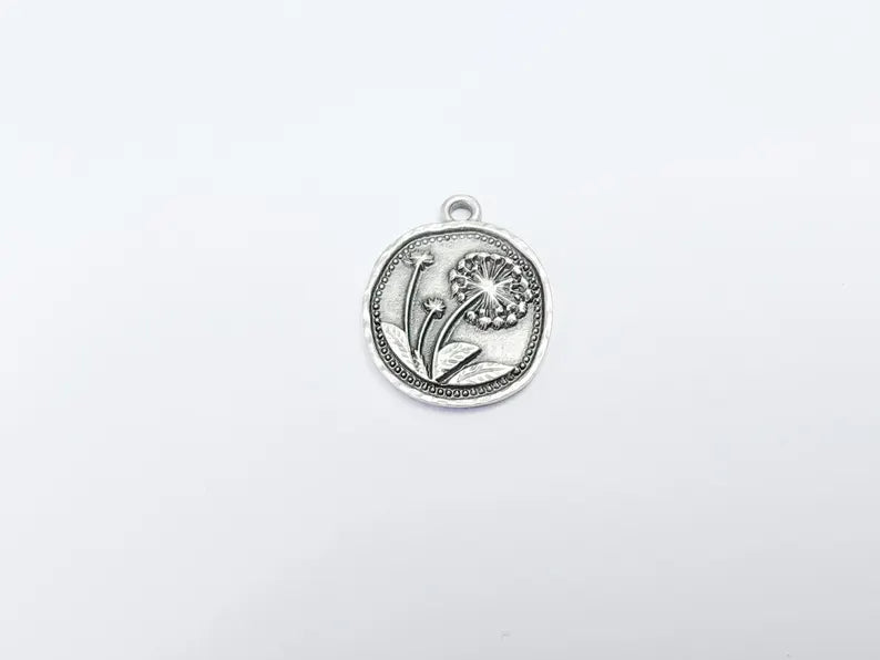 Dandelion Charms, Silver Flower Charms, Boho Charms, Earring Charms, Silver Pendant, Necklace Parts, Antique Silver Plated 28x23mm G36817