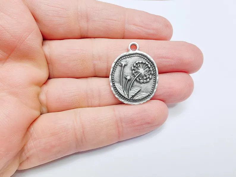 Dandelion Charms, Silver Flower Charms, Boho Charms, Earring Charms, Silver Pendant, Necklace Parts, Antique Silver Plated 28x23mm G36817