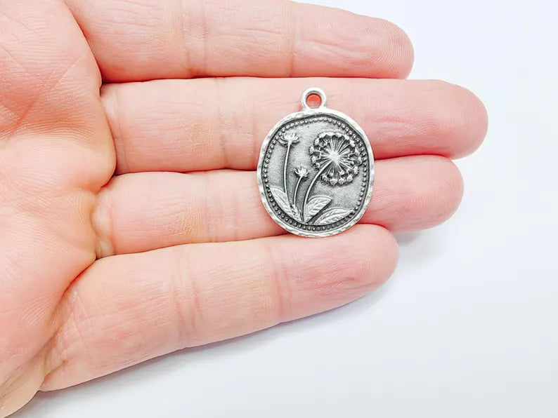 Dandelion Charms, Silver Flower Charms, Boho Charms, Earring Charms, Silver Pendant, Necklace Parts, Antique Silver Plated 28x23mm G36817