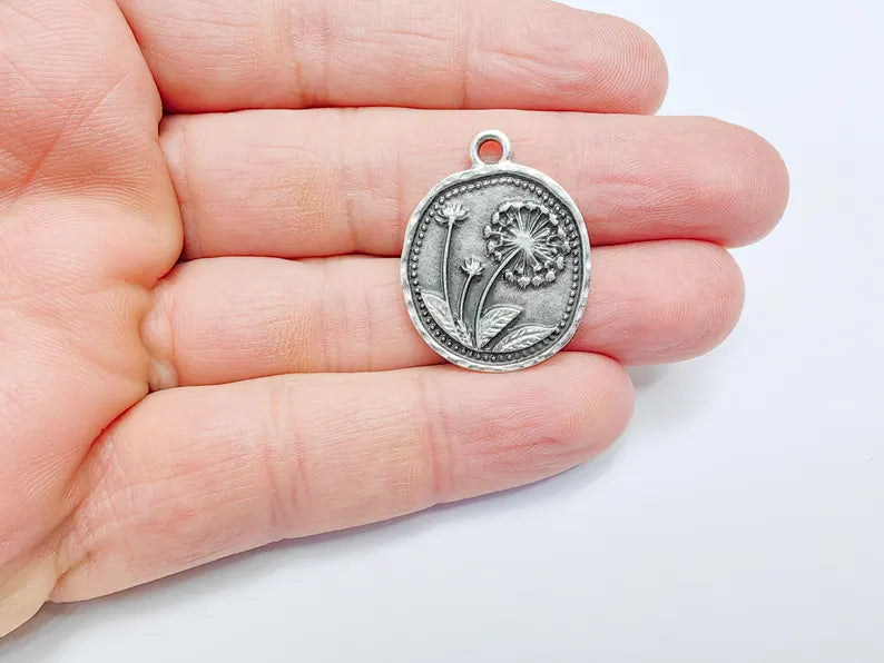 Dandelion Charms, Silver Flower Charms, Boho Charms, Earring Charms, Silver Pendant, Necklace Parts, Antique Silver Plated 28x23mm G36817