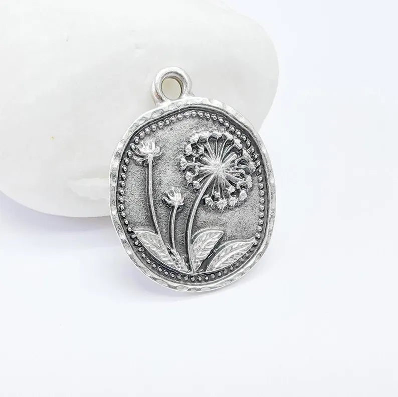 Dandelion Charms, Silver Flower Charms, Boho Charms, Earring Charms, Silver Pendant, Necklace Parts, Antique Silver Plated 28x23mm G36817