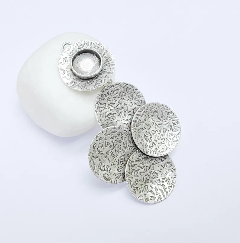 Textured Pendant Multi Layered Circular Bezel, Cabochon Blank, Locket Base, inlay Resin Mounting, Antique Silver Plated Brass 12mm G36827