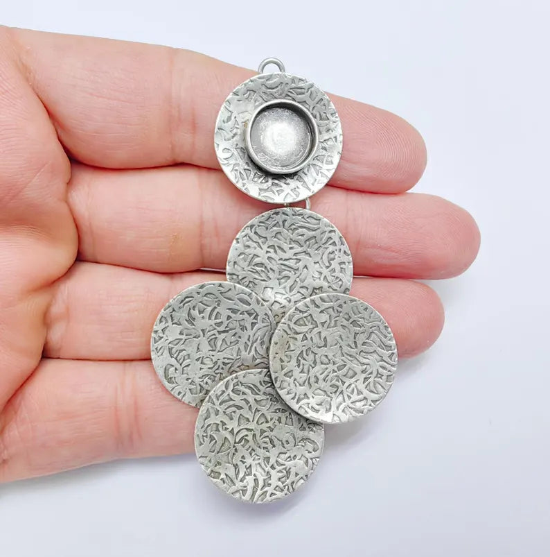 Textured Pendant Multi Layered Circular Bezel, Cabochon Blank, Locket Base, inlay Resin Mounting, Antique Silver Plated Brass 12mm G36827
