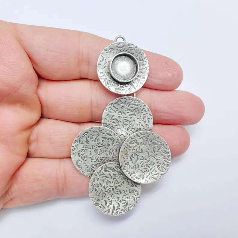 Textured Pendant Multi Layered Circular Bezel, Cabochon Blank, Locket Base, inlay Resin Mounting, Antique Silver Plated Brass 12mm G36827