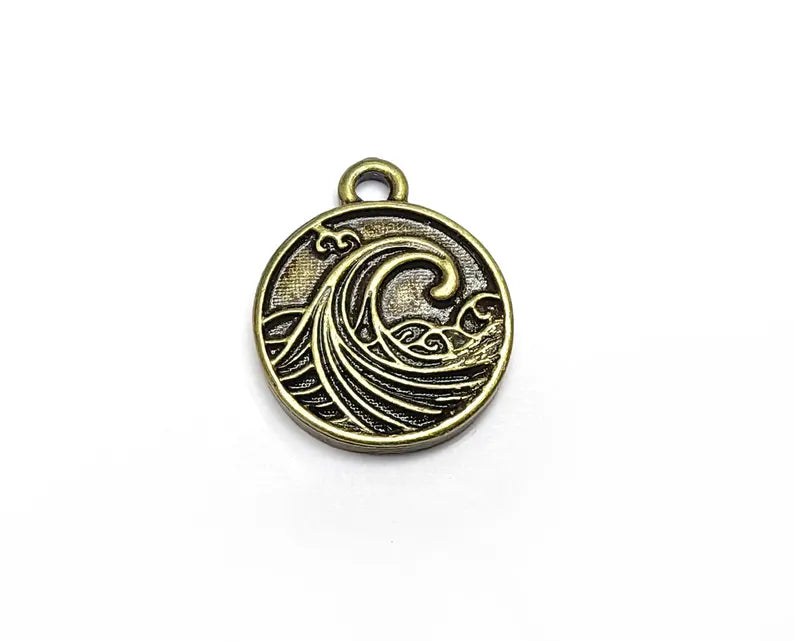 Ocean Wave Charm Pendant, Nautical Sea Charm, Beach Boho Earring Charms, Dangle Pendant, Antique Bronze Plated Zamac 24x20mm G36880