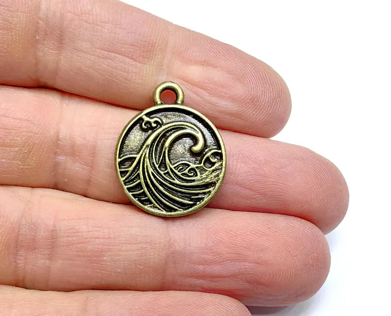 Ocean Wave Charm Pendant, Nautical Sea Charm, Beach Boho Earring Charms, Dangle Pendant, Antique Bronze Plated Zamac 24x20mm G36880