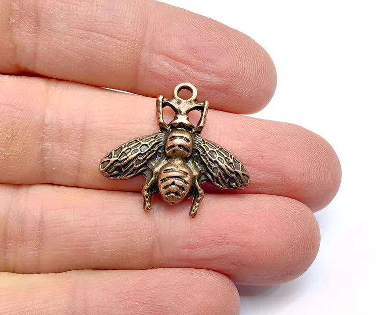 2 Bee Charms, Fly Charms Antique Copper Plated Pendant (27x23mm) G36882