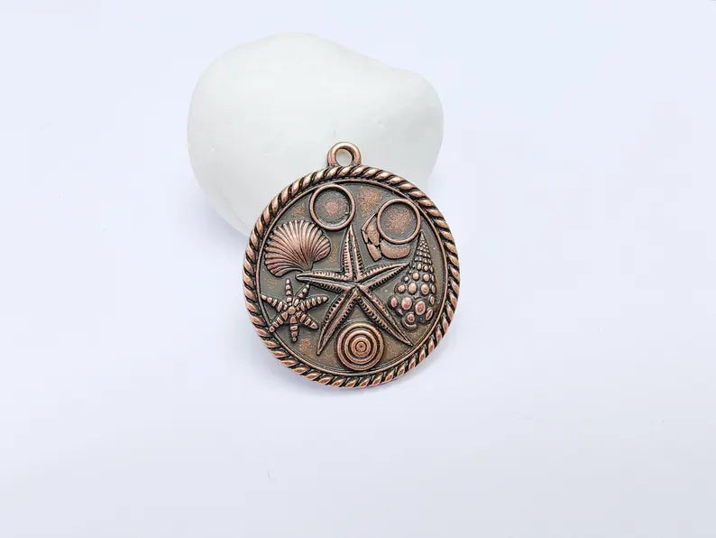 Ocean Medallion Pendant, Nautical Sea Life Charm, Beach Boho Earring Charms, Dangle Pendant, Antique Copper Plated Zamac 42x37mm G36828