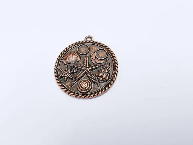 Ocean Medallion Pendant, Nautical Sea Life Charm, Beach Boho Earring Charms, Dangle Pendant, Antique Copper Plated Zamac 42x37mm G36828
