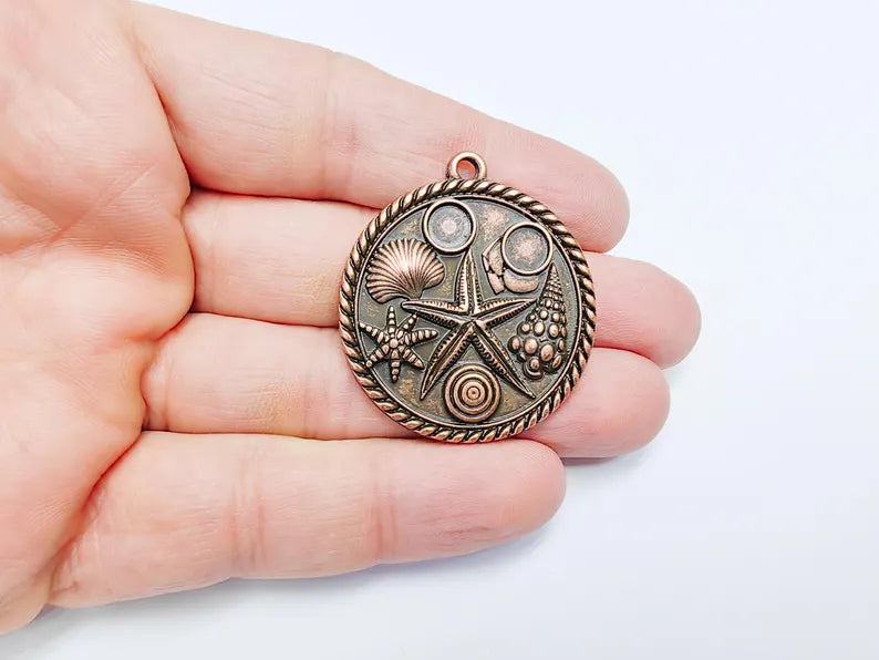 Ocean Medallion Pendant, Nautical Sea Life Charm, Beach Boho Earring Charms, Dangle Pendant, Antique Copper Plated Zamac 42x37mm G36828