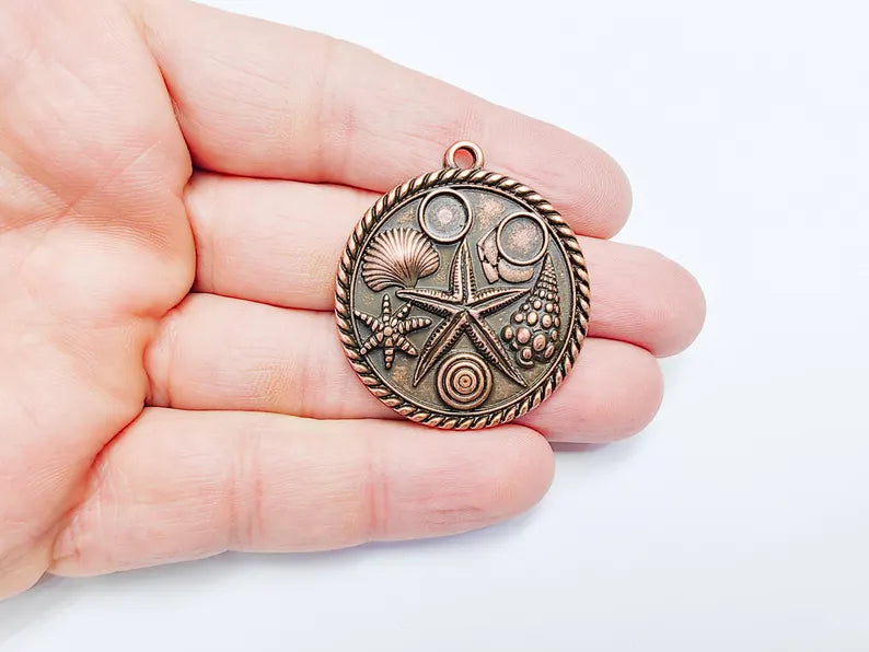 Ocean Medallion Pendant, Nautical Sea Life Charm, Beach Boho Earring Charms, Dangle Pendant, Antique Copper Plated Zamac 42x37mm G36828