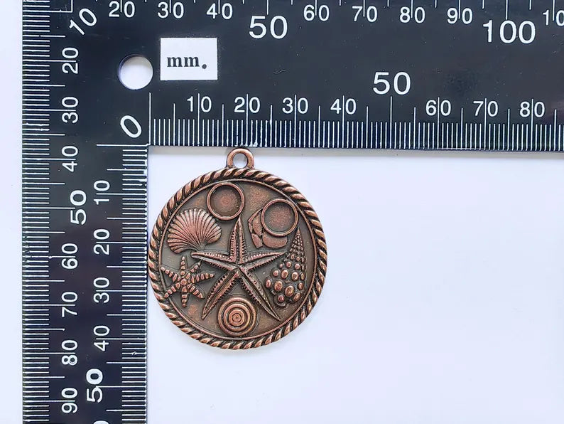 Ocean Medallion Pendant, Nautical Sea Life Charm, Beach Boho Earring Charms, Dangle Pendant, Antique Copper Plated Zamac 42x37mm G36828