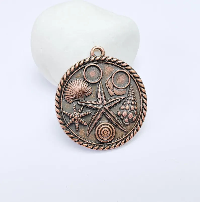 Ocean Medallion Pendant, Nautical Sea Life Charm, Beach Boho Earring Charms, Dangle Pendant, Antique Copper Plated Zamac 42x37mm G36828