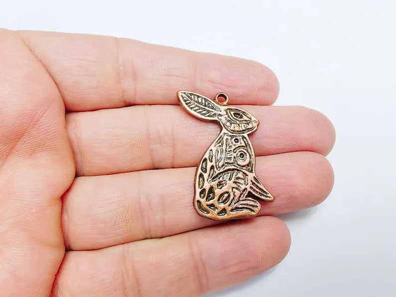 Rabbit Charm, Rabbit Pendant, Boho Charm, Earring Charms, Dangle Pendant, Necklace Parts, Antique Copper Plated Zamac 36x29mm G36831