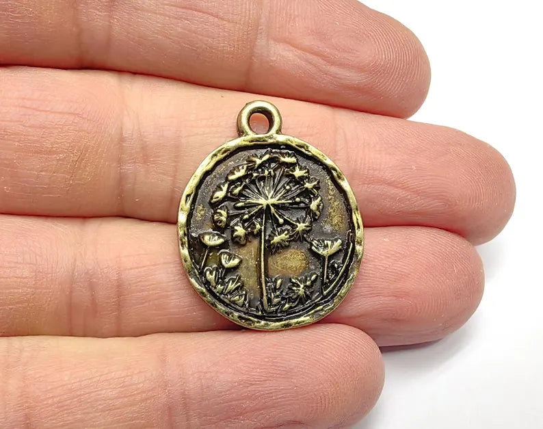 Vintage Dandelion Round Charms, Boho Tribal Statement Charm, Ethnic Boho Dangle Earring, Antique Bronze Plated Zamac 29x23mm G36836