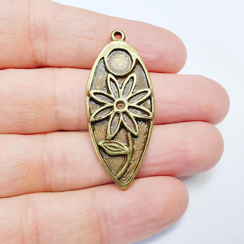 Flower Charms, Boho Charms, Earring Charms, Dangle Pendant, Necklace Parts, Antique Bronze Plated 46x19mm G36840