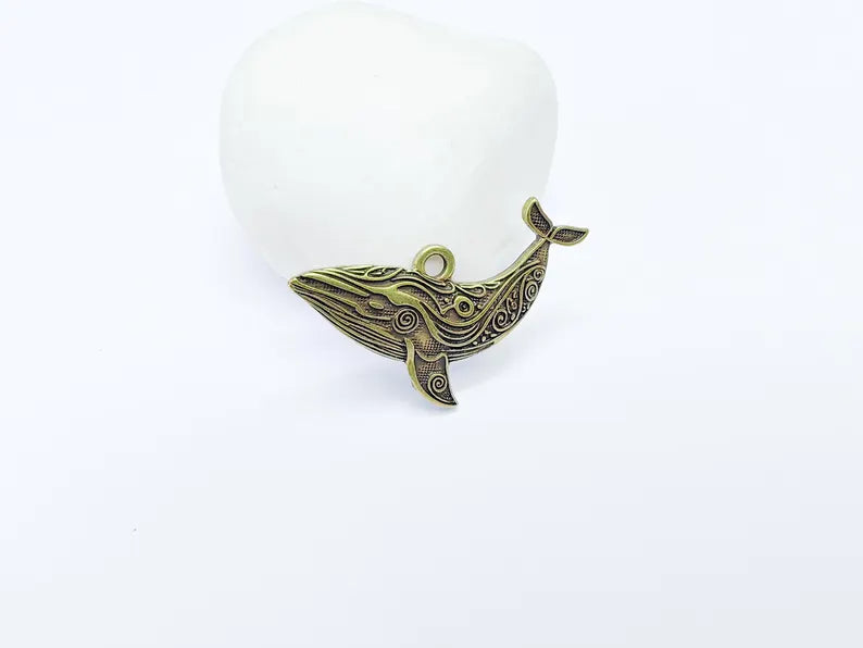 Whale Charm, Whale Pendant, Nautical Boho Charm, Earring Charms, Ocean Dangle Pendant, Mystic Whale, Antique Bronze Plated 40x24mm G36841