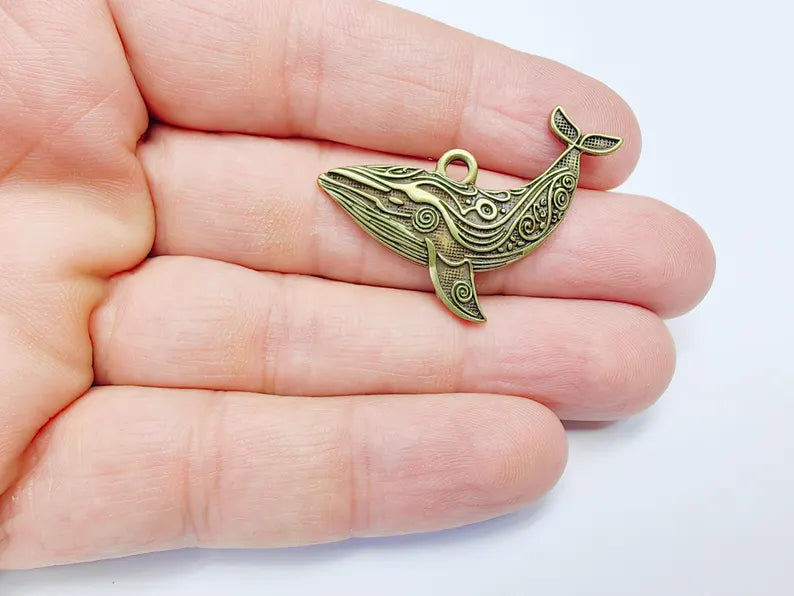 Whale Charm, Whale Pendant, Nautical Boho Charm, Earring Charms, Ocean Dangle Pendant, Mystic Whale, Antique Bronze Plated 40x24mm G36841