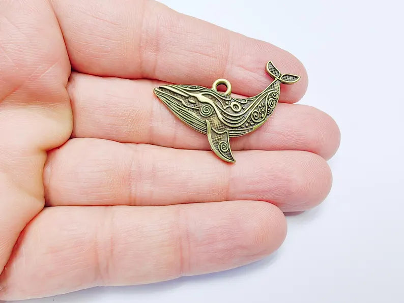 Whale Charm, Whale Pendant, Nautical Boho Charm, Earring Charms, Ocean Dangle Pendant, Mystic Whale, Antique Bronze Plated 40x24mm G36841