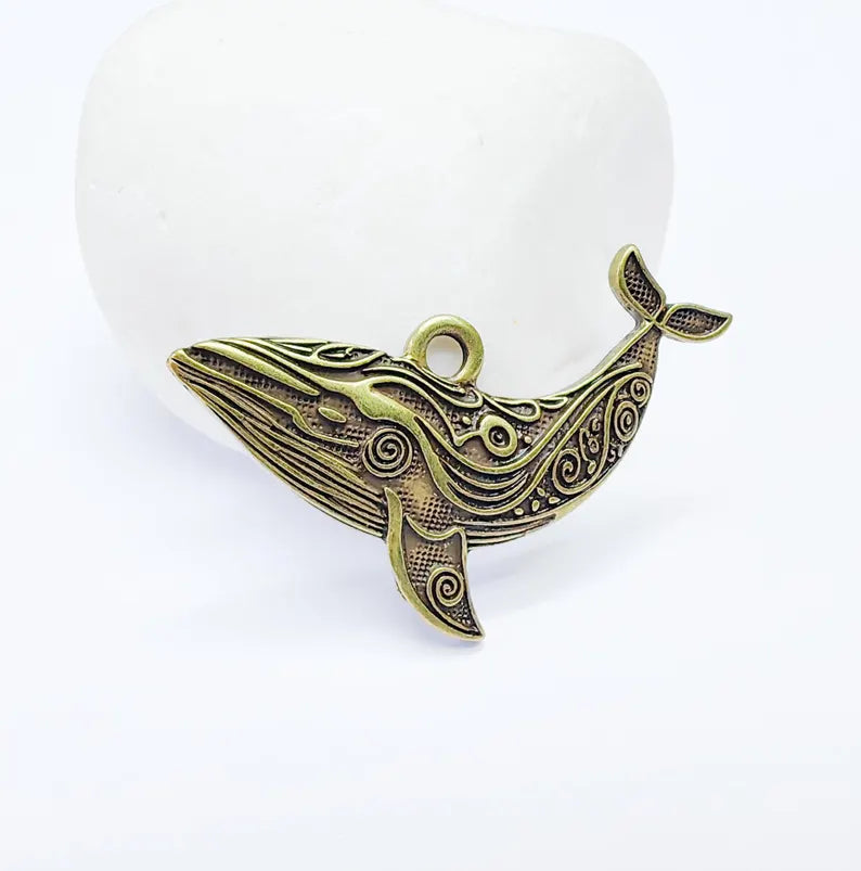 Whale Charm, Whale Pendant, Nautical Boho Charm, Earring Charms, Ocean Dangle Pendant, Mystic Whale, Antique Bronze Plated 40x24mm G36841