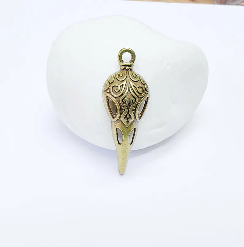 2 Raven Skull Charm Pendant, Gothic Boho Charm, Earring Charm, Mystical Bird, Necklace Parts, Antique Bronze Plated 34x12mm G36842
