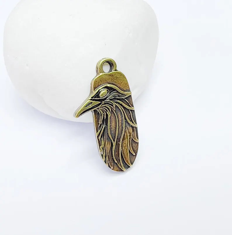 2 Raven Charm Pendant, Gothic Boho Charm, Nature Earring Charm, Mystical Crow Bird, Necklace Parts, Antique Bronze Plated Zamac 32x17mm G36845