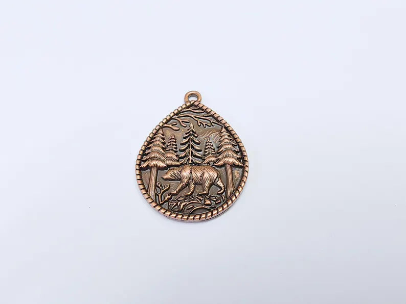 Bear and Forest Pendant Charm, Boho Charm, Nature Earring Charm, Wild Nature Necklace Parts, Antique Copper Plated 42x31mm G36847