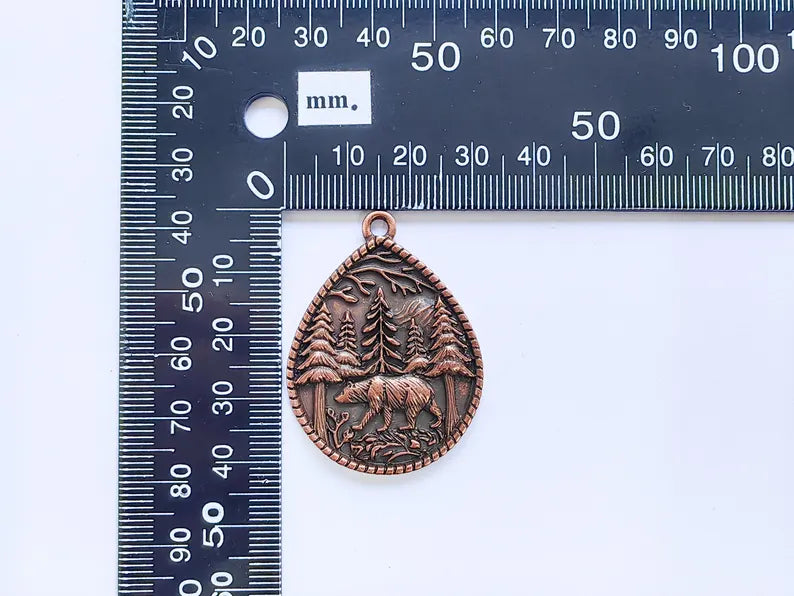 Bear and Forest Pendant Charm, Boho Charm, Nature Earring Charm, Wild Nature Necklace Parts, Antique Copper Plated 42x31mm G36847
