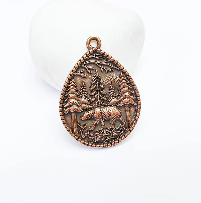 Bear and Forest Pendant Charm, Boho Charm, Nature Earring Charm, Wild Nature Necklace Parts, Antique Copper Plated 42x31mm G36847