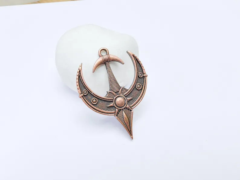 Mystical Bohemian Pendant, Mythology Crescent Charm, Tuareg Charm, Earring Charm, Gothic Pendant, Antique Copper Plated Zamac 50x38mm G36849