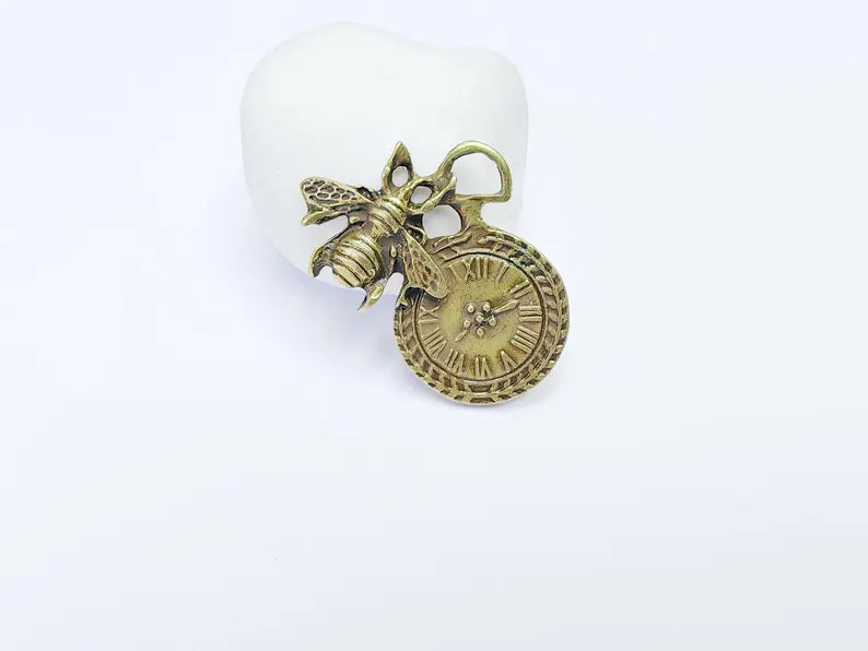 Bee and Clock Pendant Charm, Boho Steampunk Pendant, Earring Charm, Necklace Parts, Antique Bronze Plated 39x31mm G36851