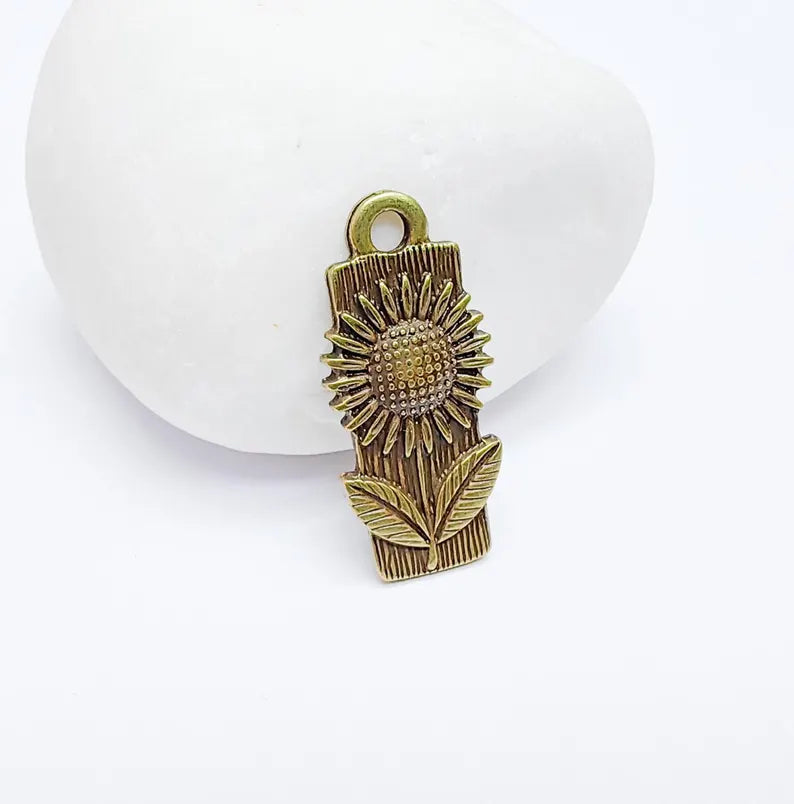 2 Flower Charms, Floral Pendant, Herb Earring Charms, Sunflower Dangle Pendant, Necklace Part, Antique Bronze Plated 28x12mm G36852