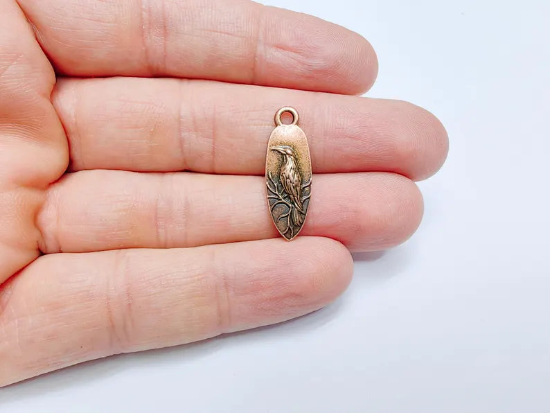 4 Raven Charm Pendant, Gothic Boho Charm, Nature Earring Charm, Mystical Bird, Necklace Parts, Antique Copper Plated Zamac 26x9mm G36853