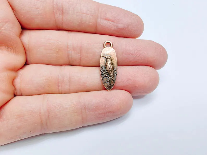 4 Raven Charm Pendant, Gothic Boho Charm, Nature Earring Charm, Mystical Bird, Necklace Parts, Antique Copper Plated Zamac 26x9mm G36853