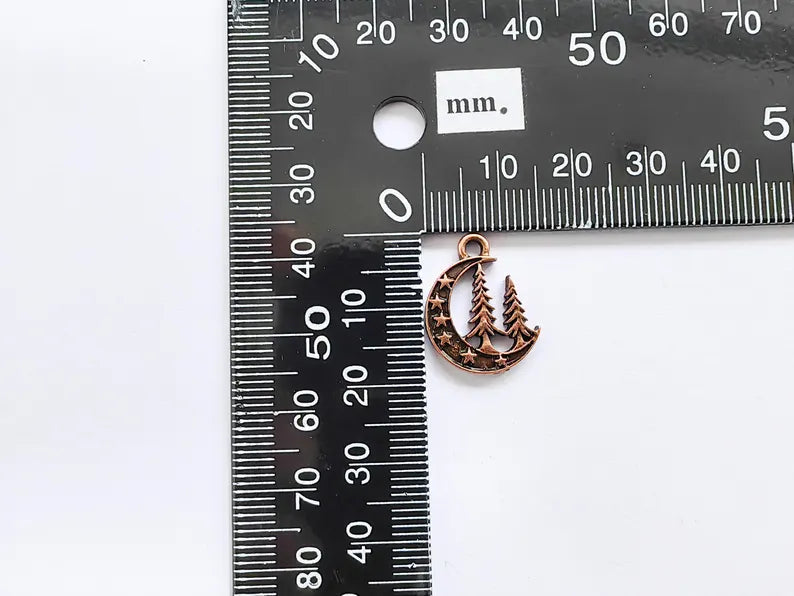 4 Moon Star and Pine Tree Pendant, Boho Charm, Earring Charm, Dangle Pendant, Necklace Parts, Antique Copper Plated Metal 18x15mm G36854