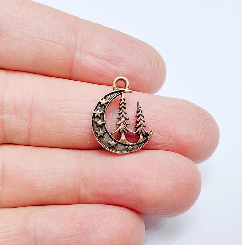 4 Moon Star and Pine Tree Pendant, Boho Charm, Earring Charm, Dangle Pendant, Necklace Parts, Antique Copper Plated Metal 18x15mm G36854