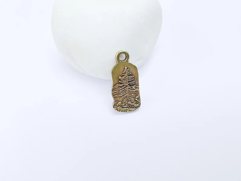 2 Pine Tree Rocky, Mountain Charms, Forest Landscape Pendant, Nature Pendant Boho Earring Charms, Antique Bronze Plated 26x12mm G36883