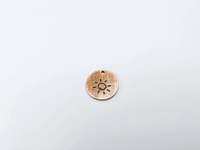 4 Sun Charms, Round Boho Charm, Earring Charm, Dangle Pendant, Necklace Parts, Antique Copper Plated Metal 17mm G36884
