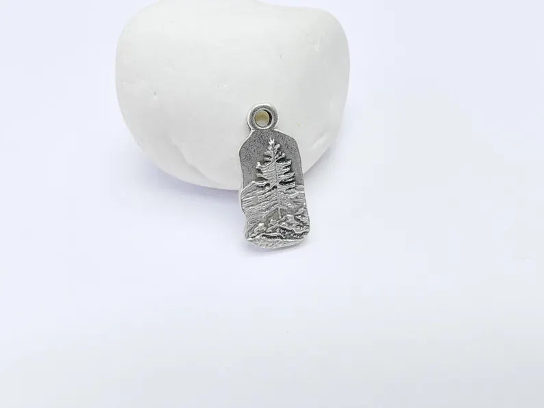Pine Tree Rocky, Mountain Charms, Forest Landscape Pendant, Nature Pendant Boho Earring Charms, Antique Silver Plated 26x12mm G36887